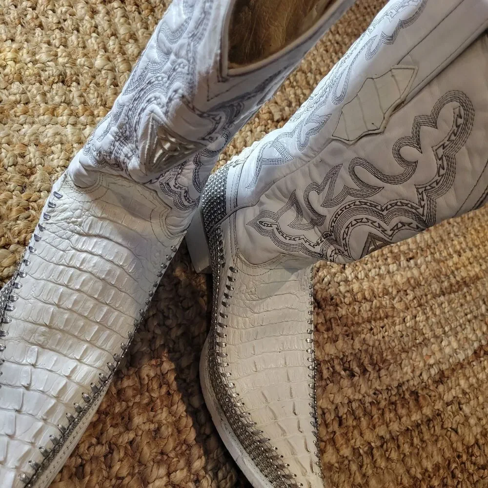 White Diamonds Crocodile Skin Leather Western Cowboy Boots White Bling 8.5 Men's